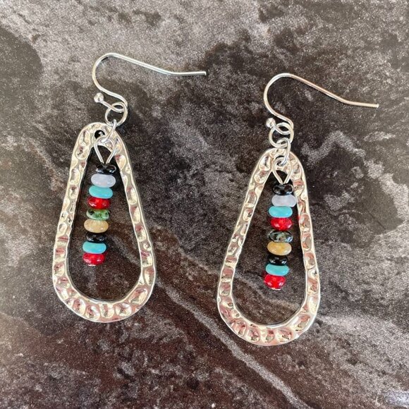 Silvertone Hammered Teardrop Earrings With Multicolor Synthetic Gem Beads 2" L - Picture 1 of 5